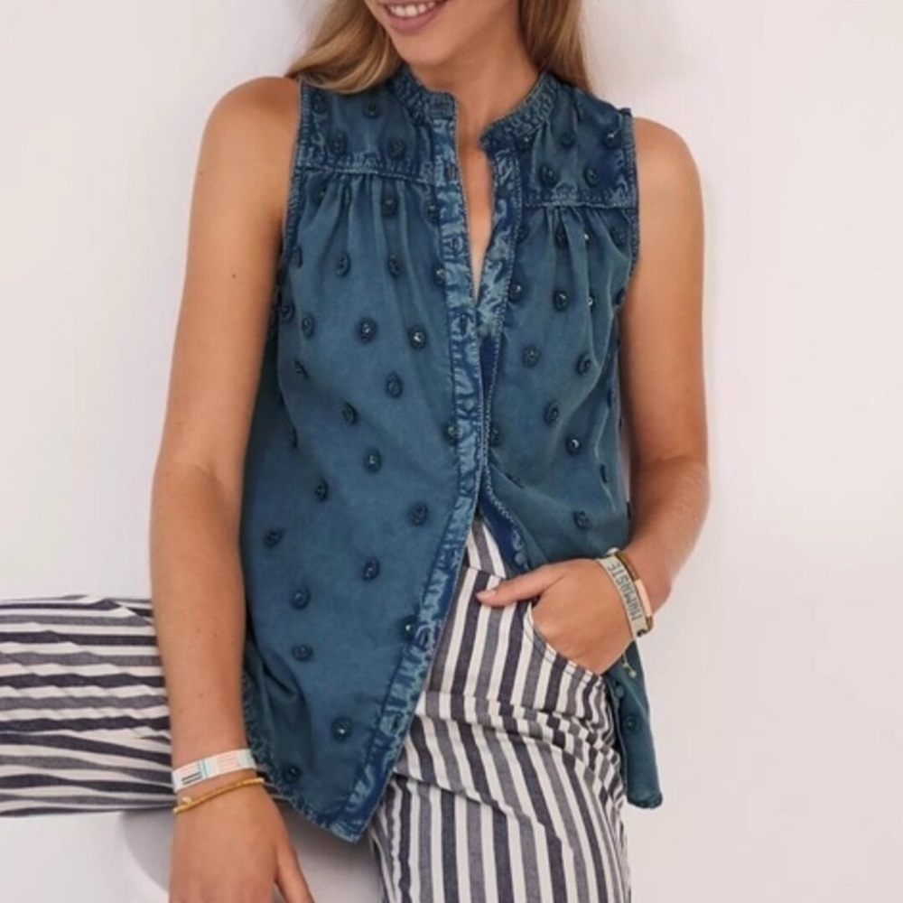 Anthropologie Teal Embellished Sleeveless Button-Front Top